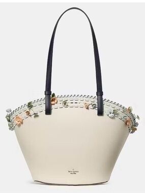 Kate Spade Cream Floral-Trim Tote with Black Straps